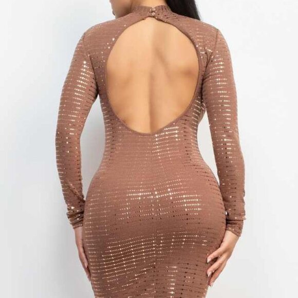 Women's Open-Back Sequin Slinky Bodycon Dress - Brown - Picture 4 of 4